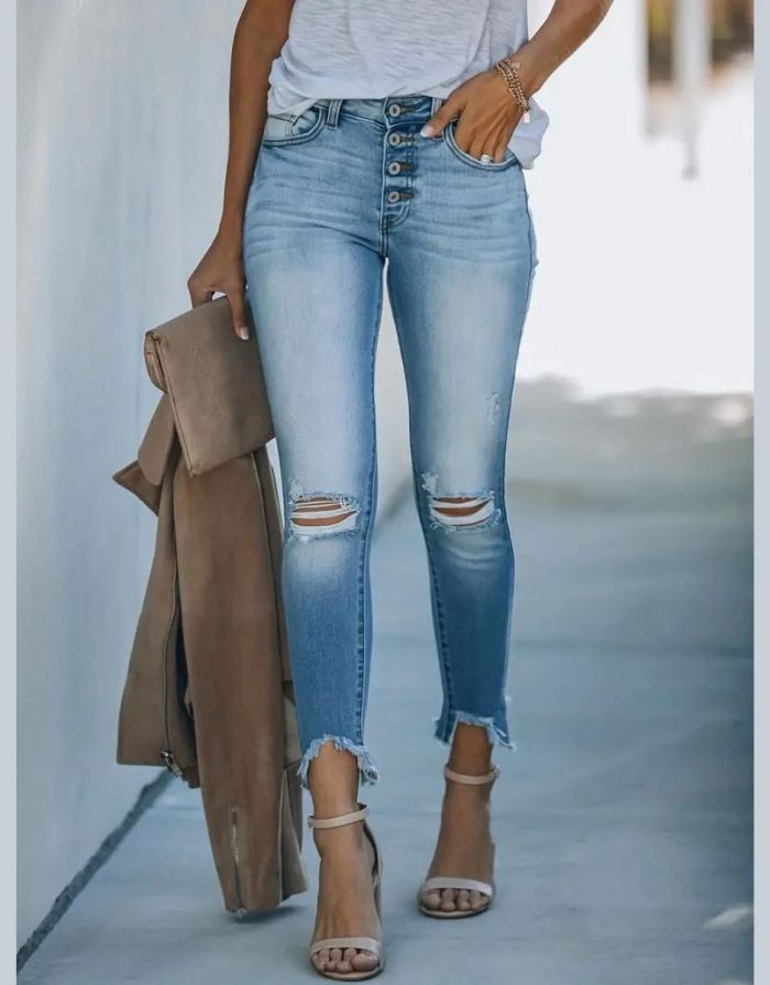 Calças Jeans Feminina Desbotada Rasgada Skinny
