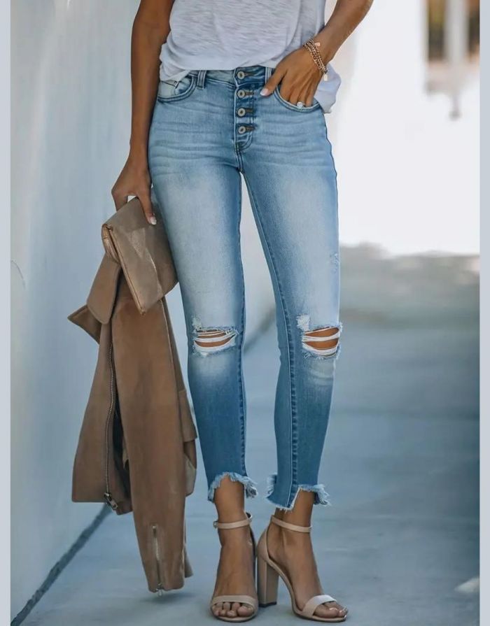 Calças Jeans Feminina Desbotada Rasgada Skinny