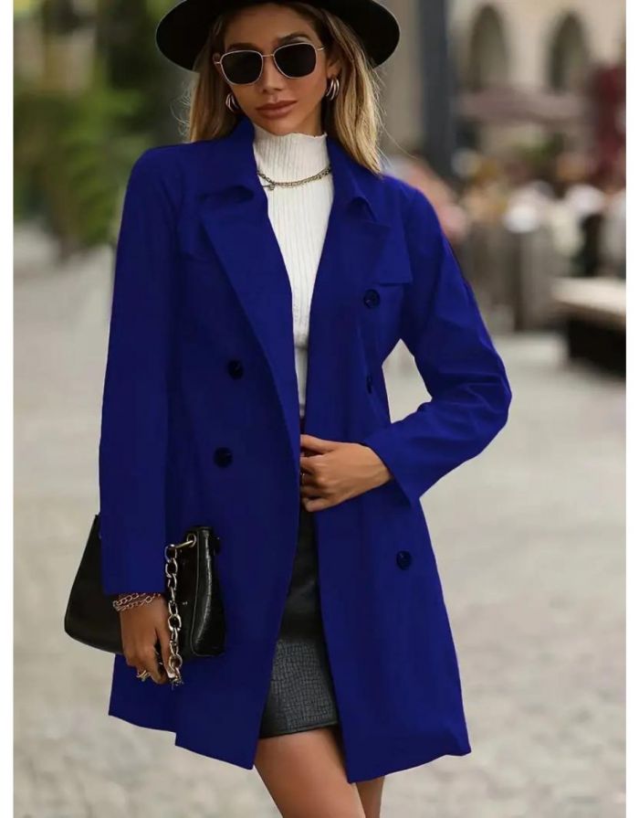 Casaco Azul Feminino Trench Duplo Botões com Cinto