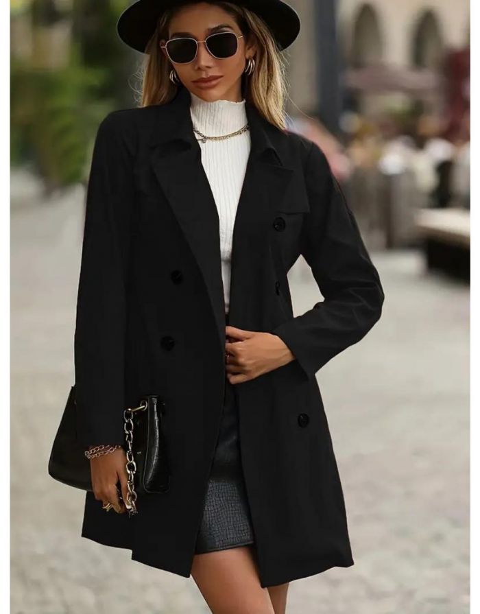 Casaco Preto Feminino Trench Duplo Botões com Cinto