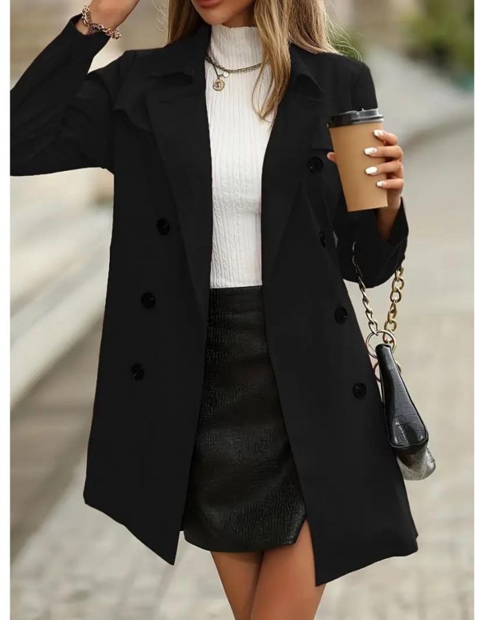 Casaco Preto Feminino Trench Duplo Botões com Cinto