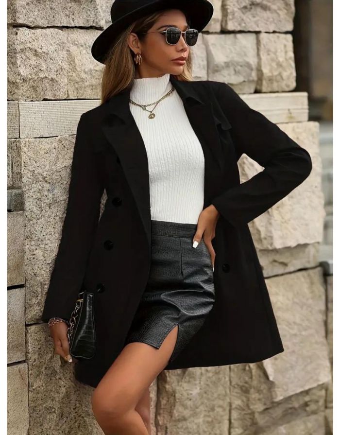 Casaco Preto Feminino Trench Duplo Botões com Cinto