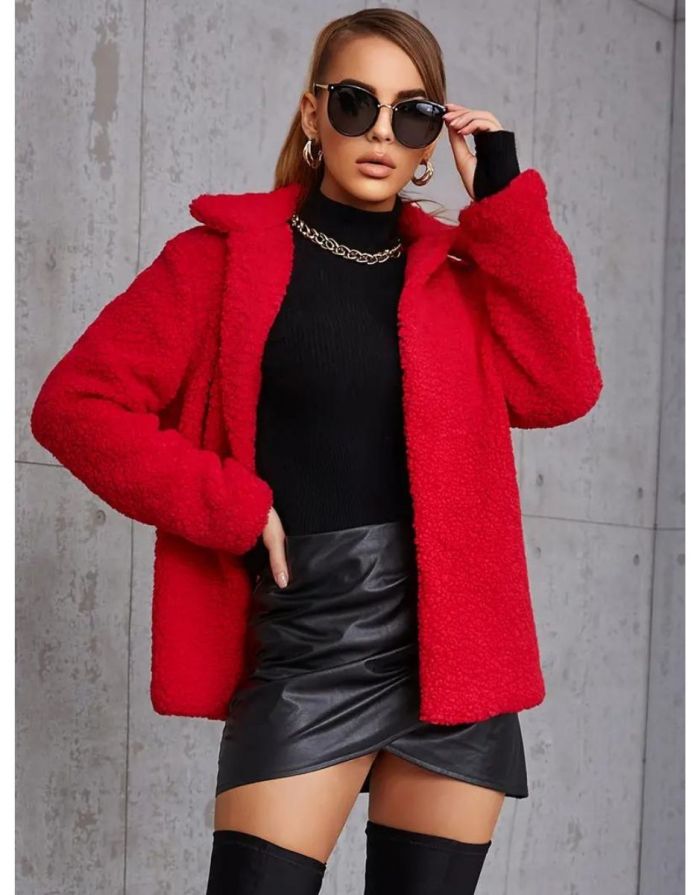 Casaco Vermelho Feminino de Lã Gola Dobrável Casual