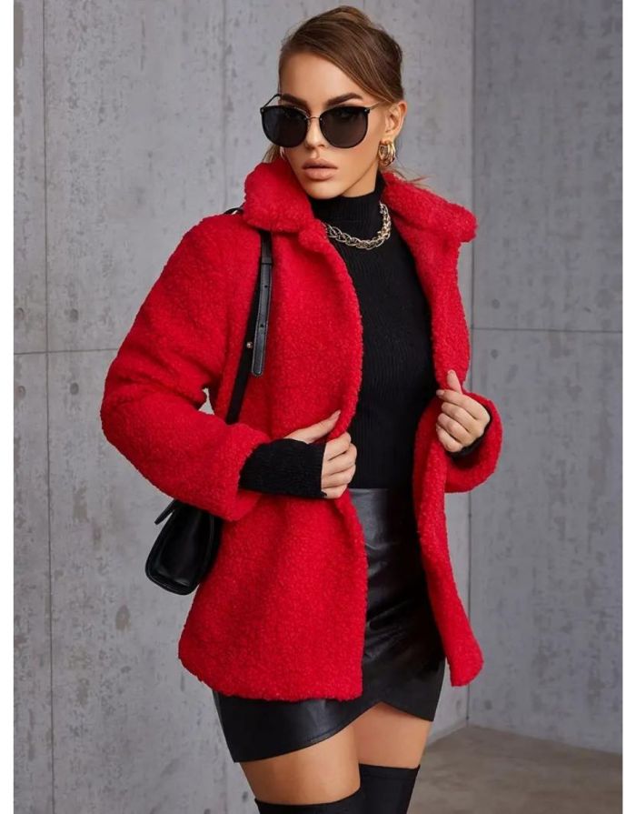 Casaco Vermelho Feminino de Lã Gola Dobrável Casual