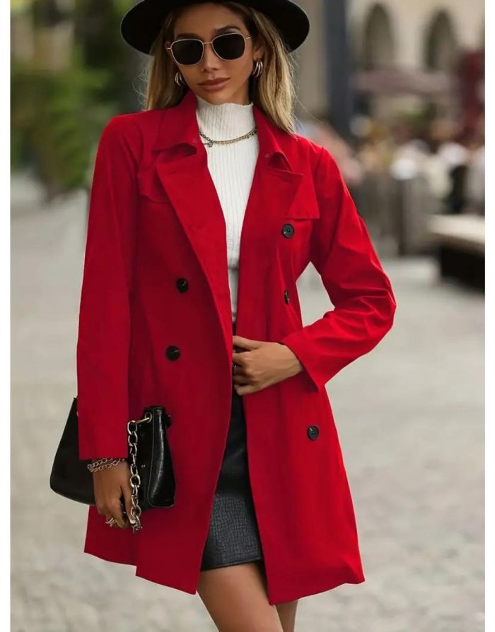 Casaco Vermelho Feminino Trench Duplo Botões com Cinto