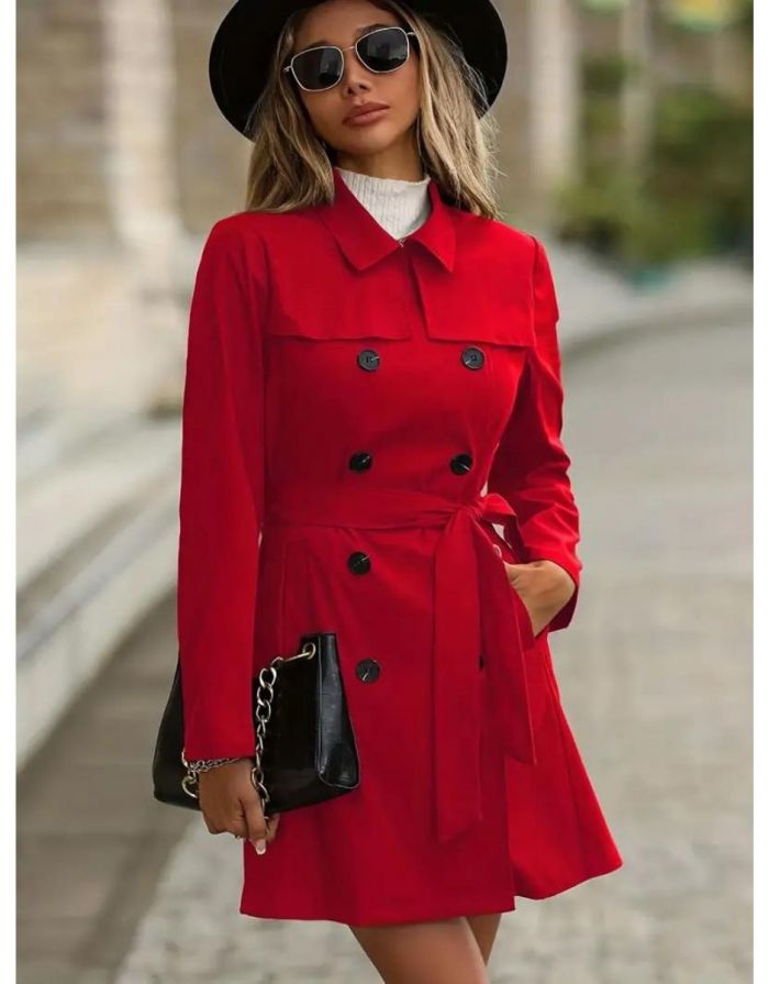 Casaco Vermelho Feminino Trench Duplo Botões com Cinto