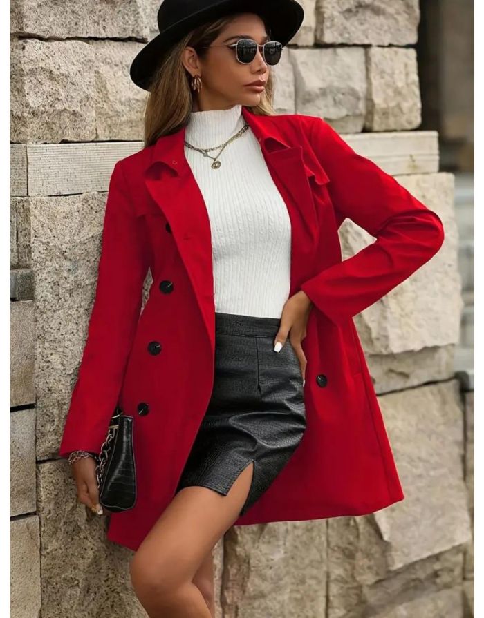 Casaco Vermelho Feminino Trench Duplo Botões com Cinto
