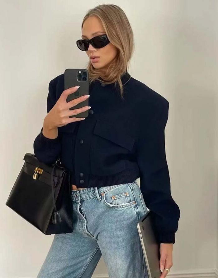 Jaqueta Azul Marinho Feminina Cropped Suede