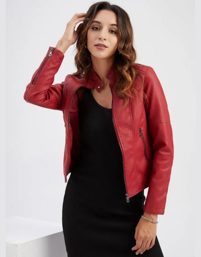 Jaqueta Feminina Vermelha Couro Slim Fit Zíper