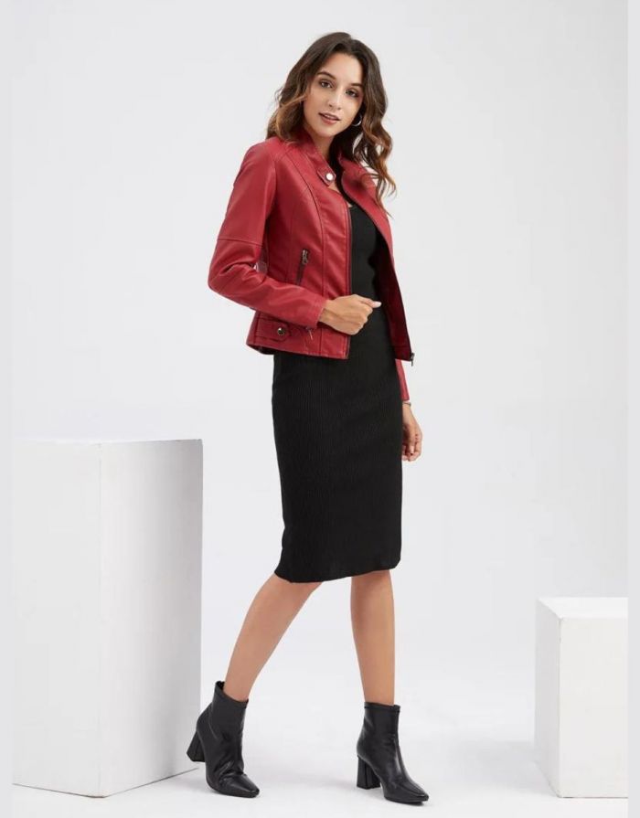 Jaqueta Feminina Vermelha Couro Slim Fit Zíper