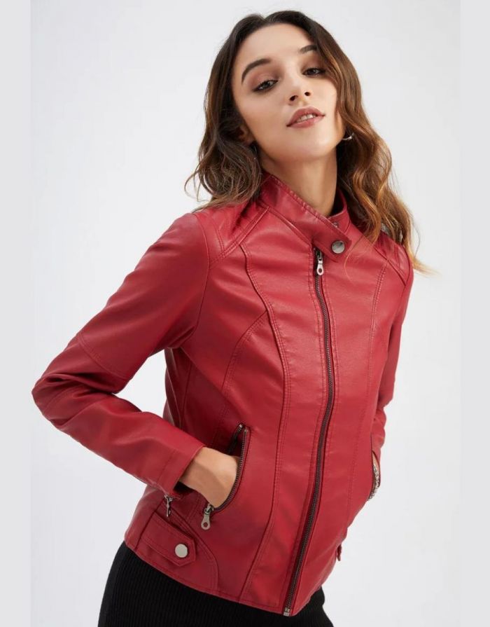 Jaqueta Feminina Vermelha Couro Slim Fit Zíper