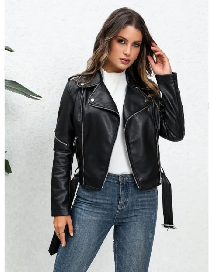 Jaqueta Preta Feminina de Couro com Cinto