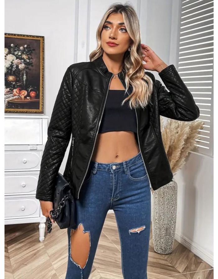 Jaqueta Preta Feminina de Couro com Gola Alta
