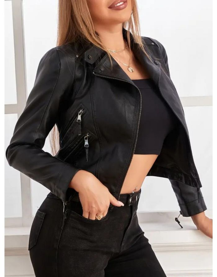 Jaqueta Preta Feminina de Couro Motociclista