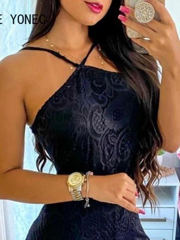 Macacão Feminino Preto Crochê Renda Alta Fenda
