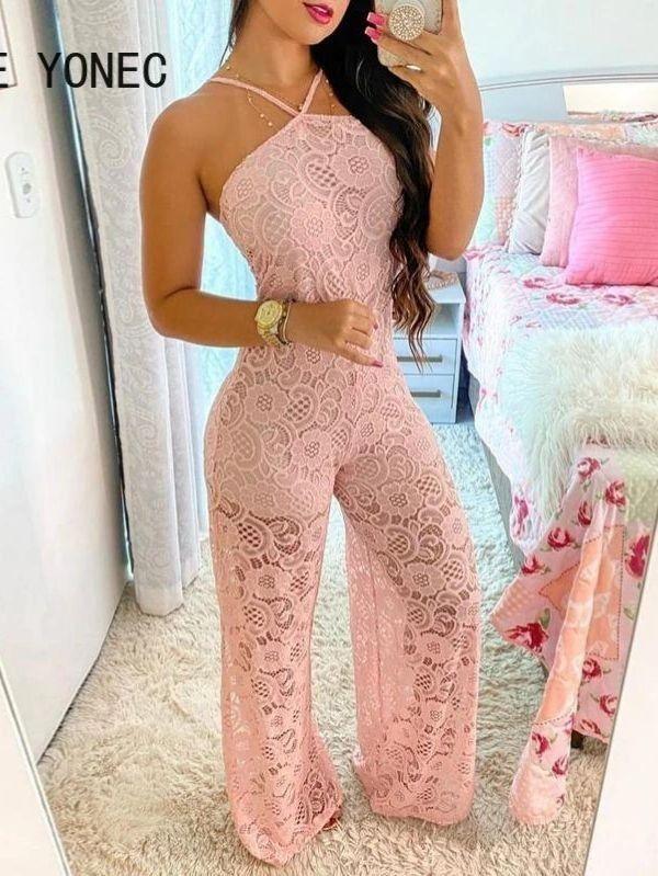 Macacão Feminino Rosa Crochê Renda Alta Fenda