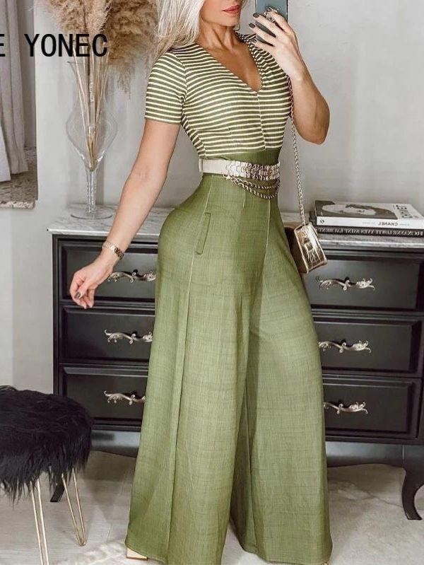 Macacão Feminino Verde Decote V Neck Listra