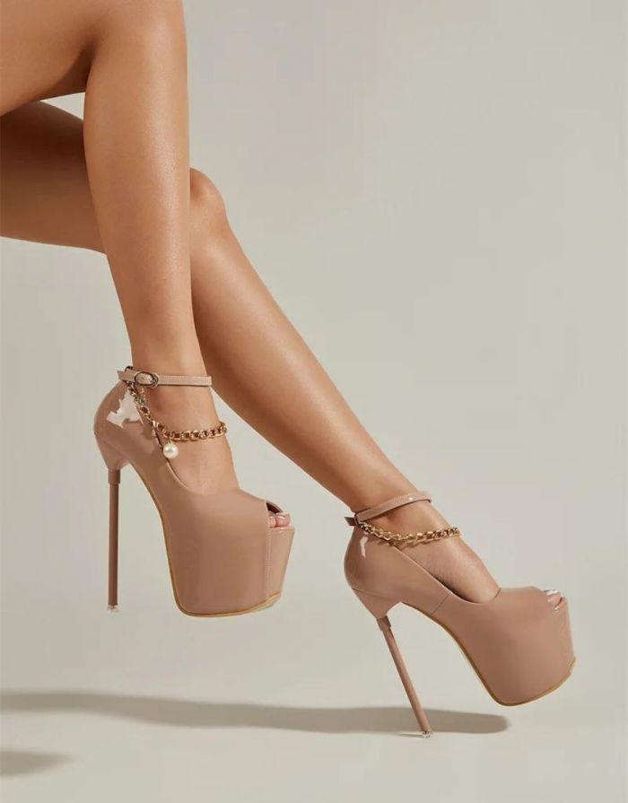 Sapato Feminino Bege Peep Toe Corrente Tornozelo