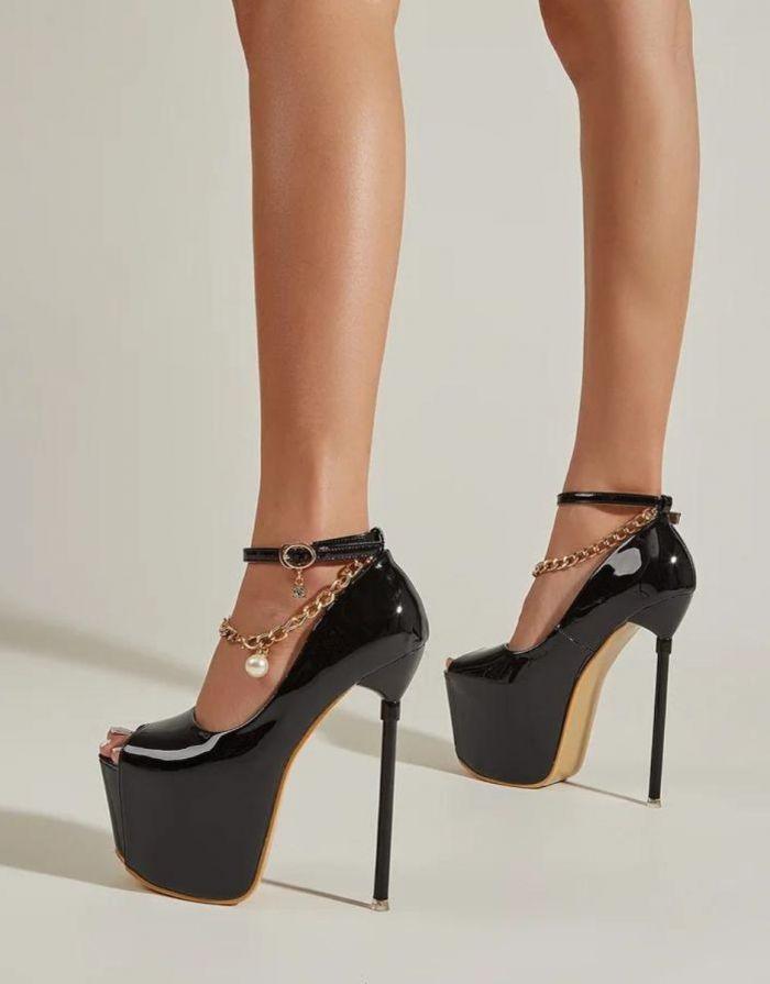 Sapato Feminino Preto Peep Toe Corrente Tornozelo