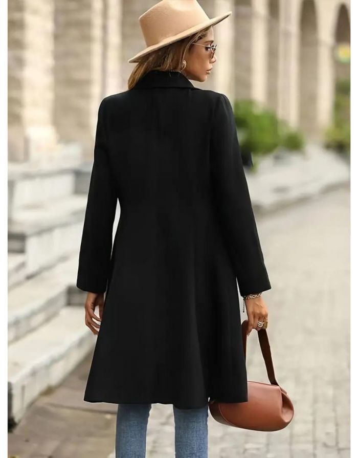 Sobretudo Preto Feminino Abotoamento Duplo Gola Entalhada