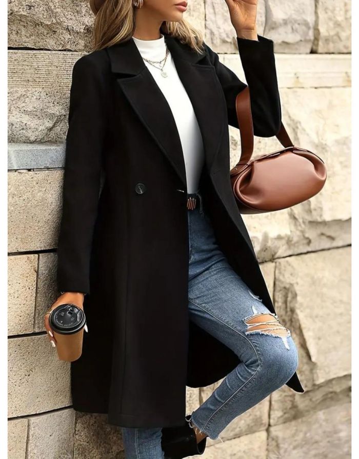 Sobretudo Preto Feminino Abotoamento Duplo Gola Entalhada