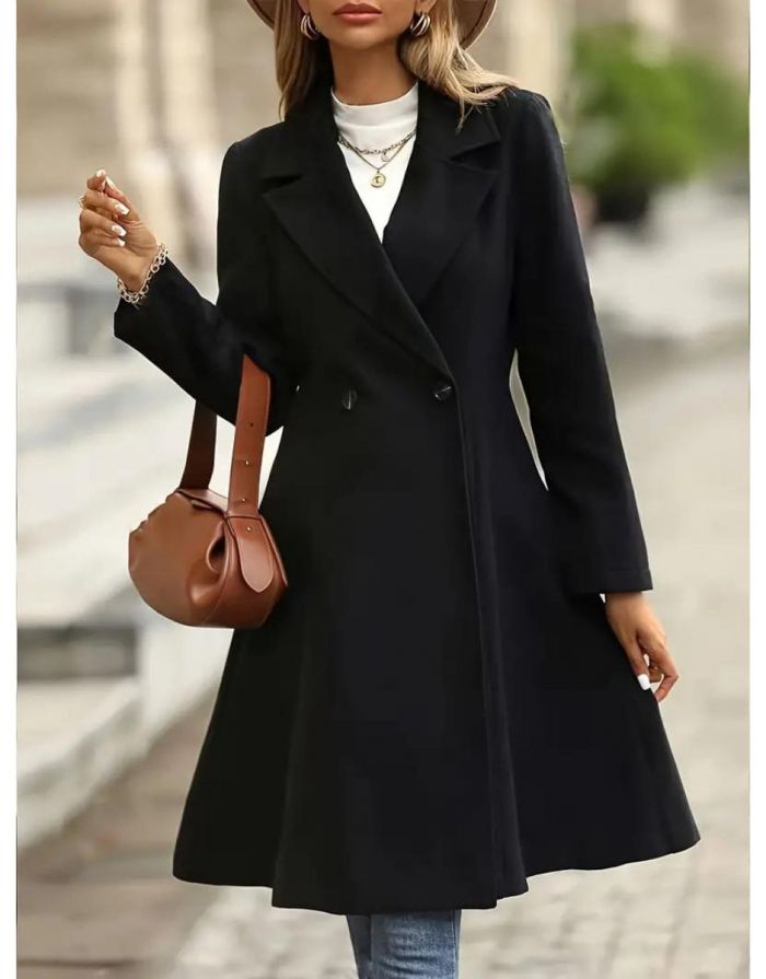 Sobretudo Preto Feminino Abotoamento Duplo Gola Entalhada