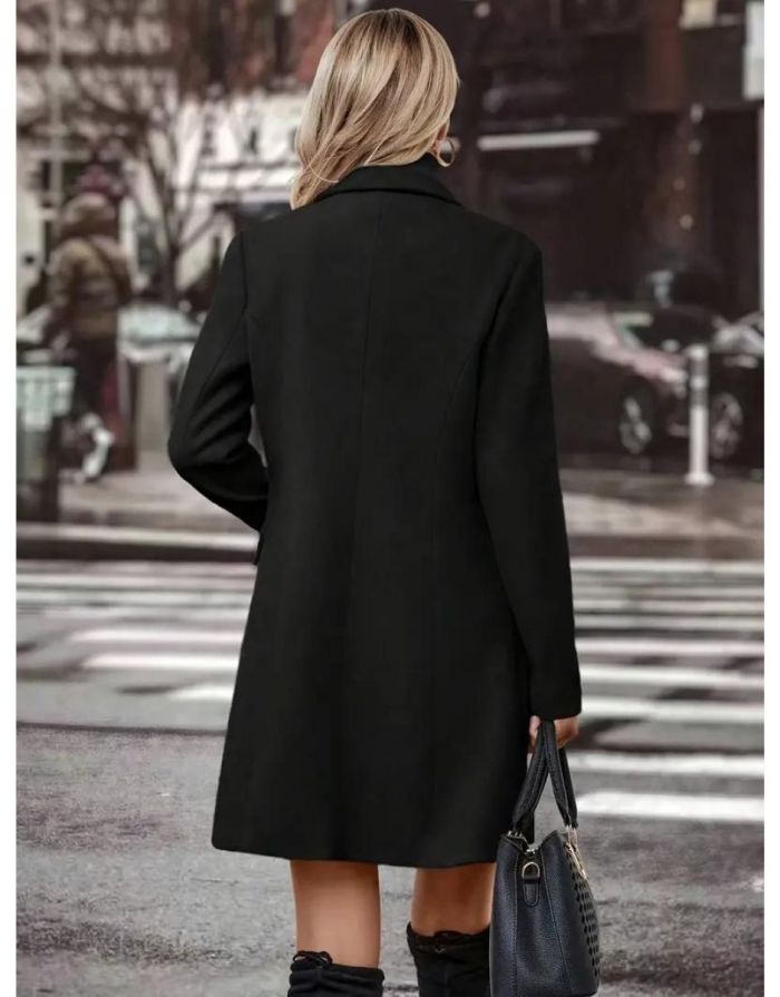 Sobretudo Preto Feminino Longo Gola Aberta Entalhada