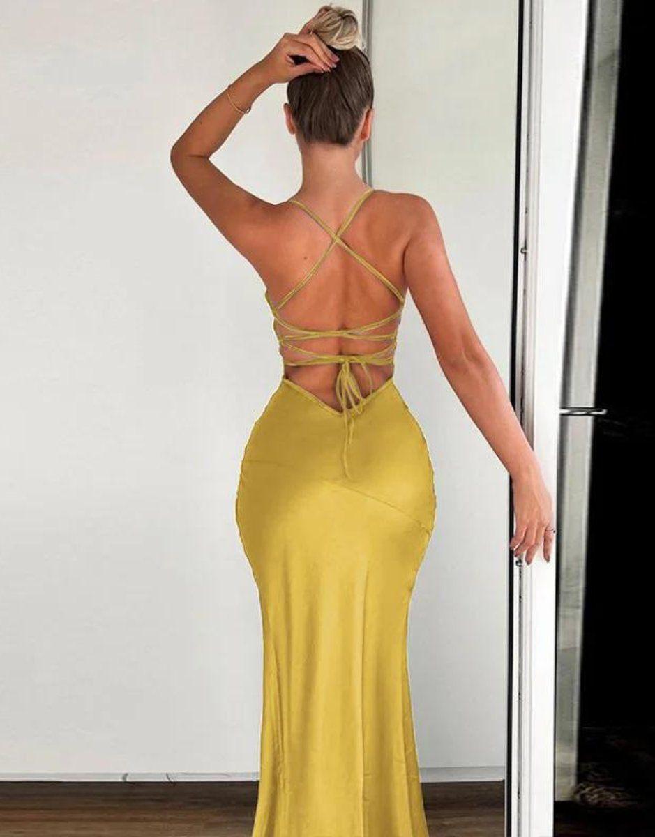Vestido Amarelo Longo de Cetim Analice