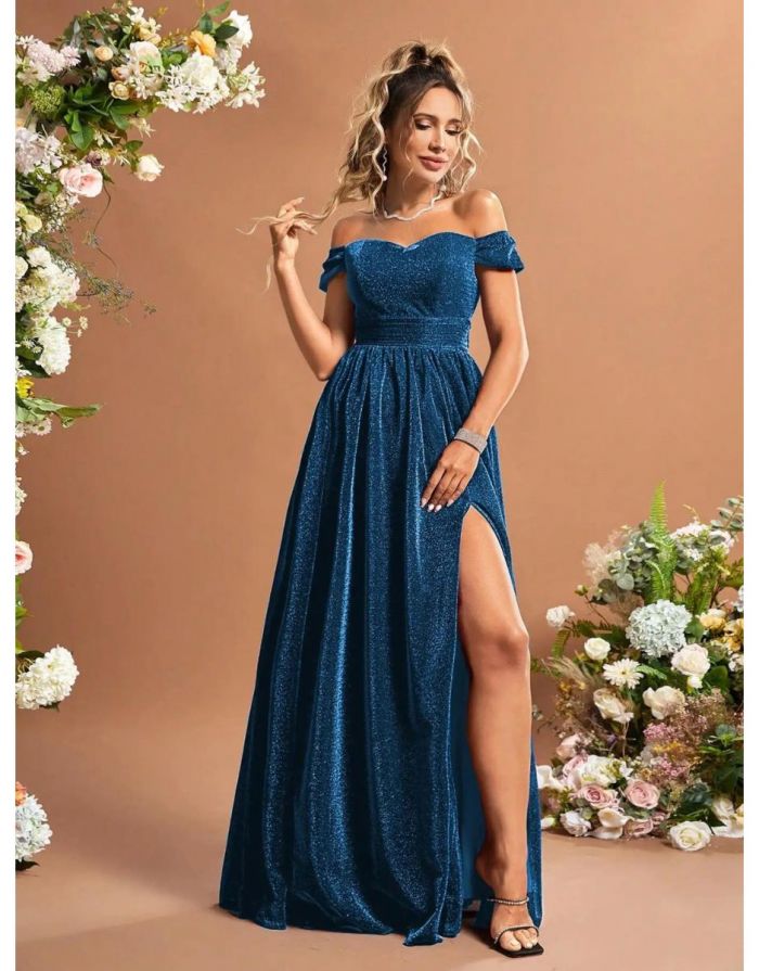 Vestido Azul Baolan Longo De Glitter Fora Do Ombro