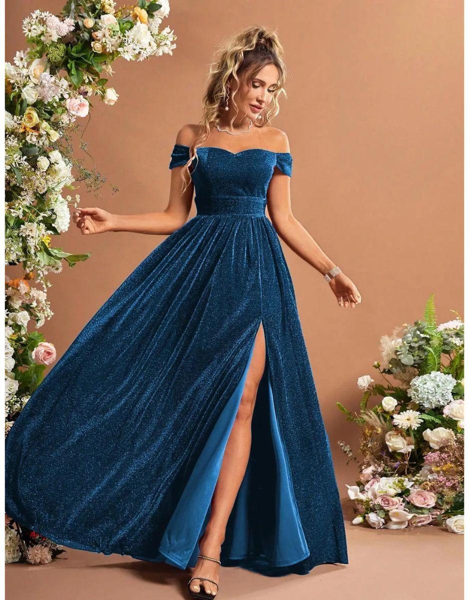 Vestido Azul Baolan Longo De Glitter Fora Do Ombro