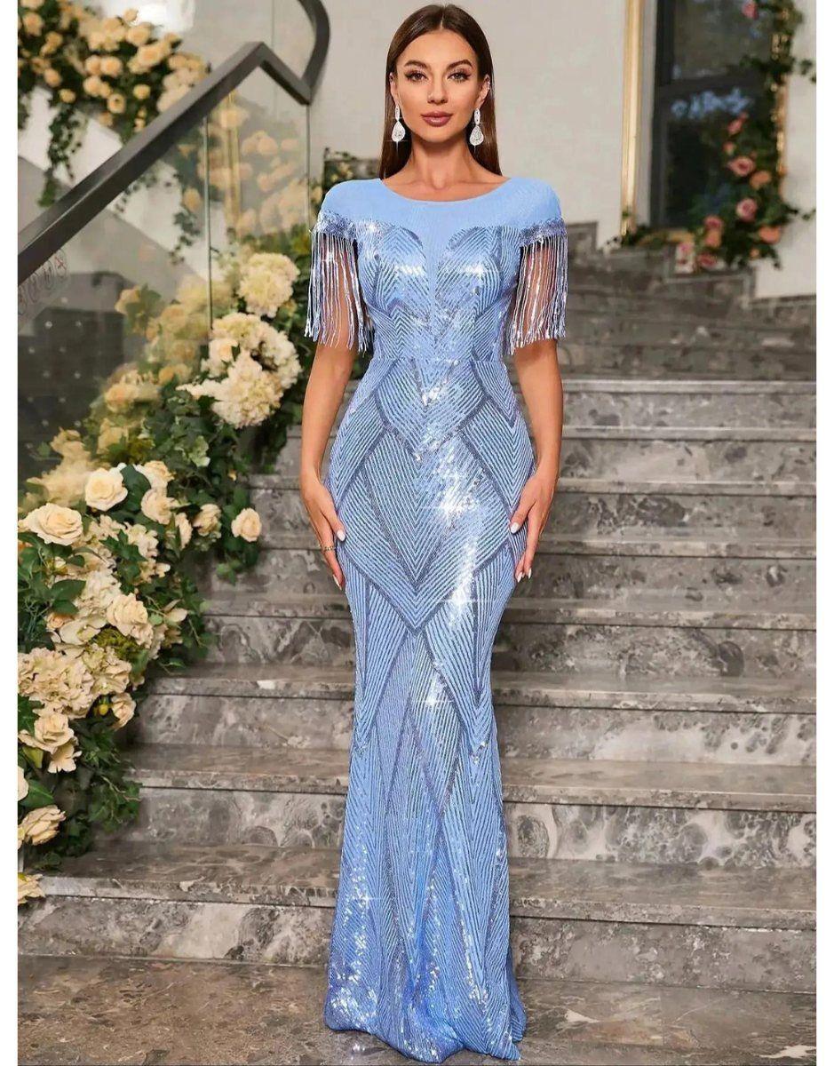 Vestido Azul Claro Longo Franjas Unithorse