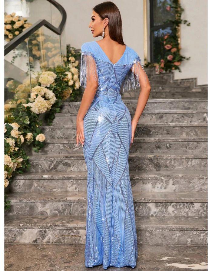 Vestido Azul Claro Longo Franjas Unithorse