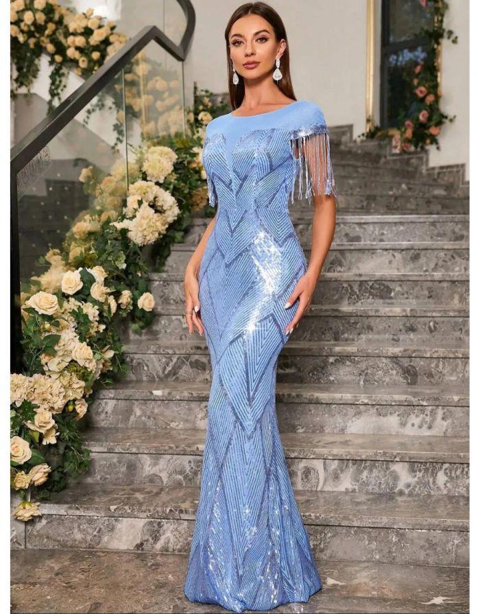 Vestido Azul Claro Longo Franjas Unithorse