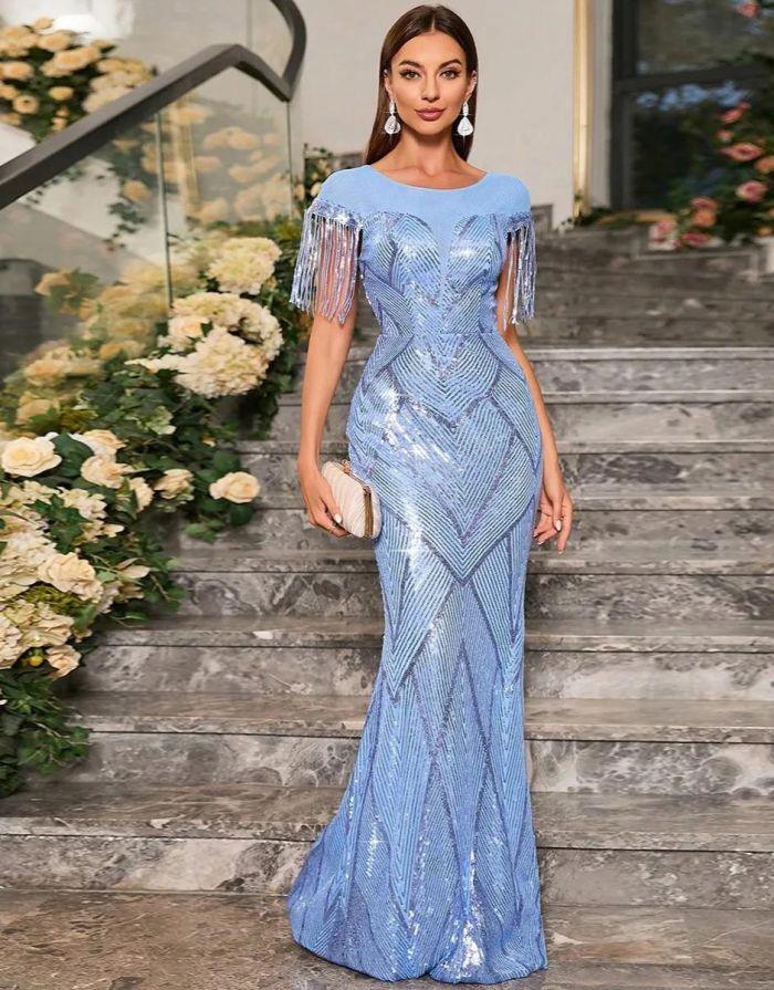 Vestido Azul Claro Longo Franjas Unithorse