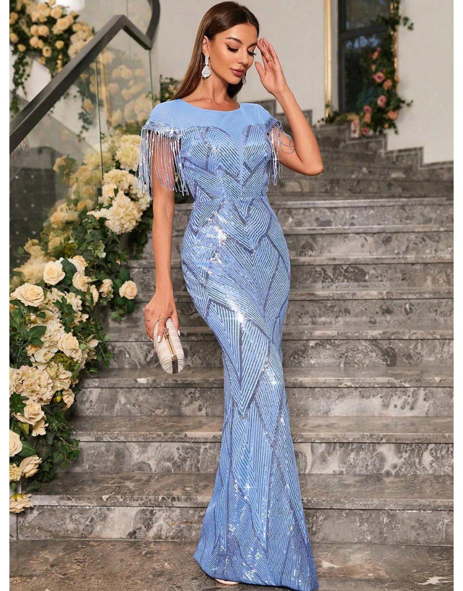 Vestido Azul Claro Longo Franjas Unithorse