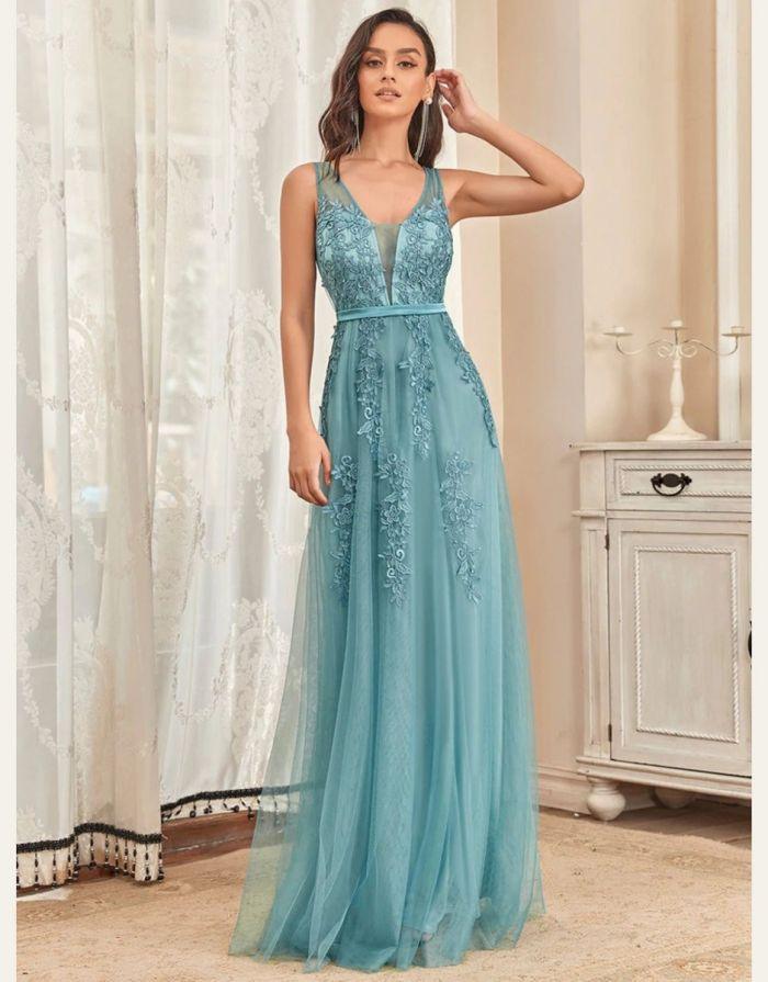 Vestido Azul Empoeirado Com Decote em V Frisado Renda