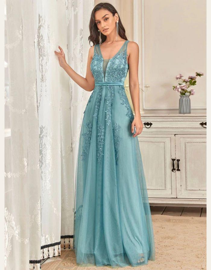 Vestido Azul Empoeirado Com Decote em V Frisado Renda