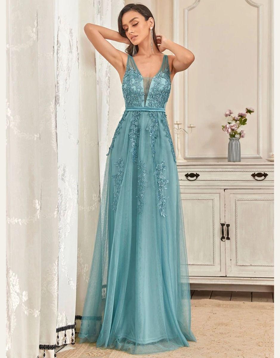 Vestido Azul Empoeirado Com Decote em V Frisado Renda