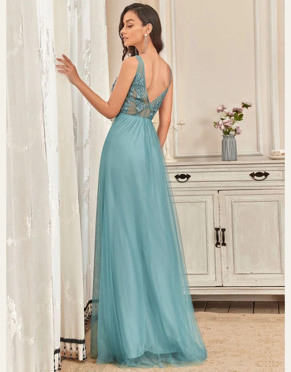 Vestido Azul Empoeirado Com Decote em V Frisado Renda