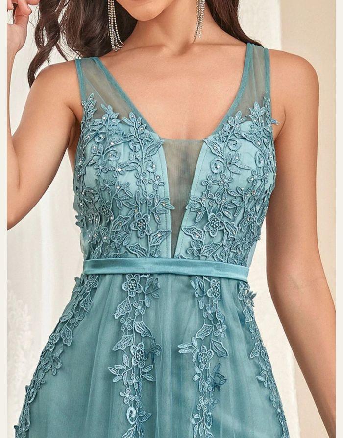 Vestido Azul Empoeirado Com Decote em V Frisado Renda