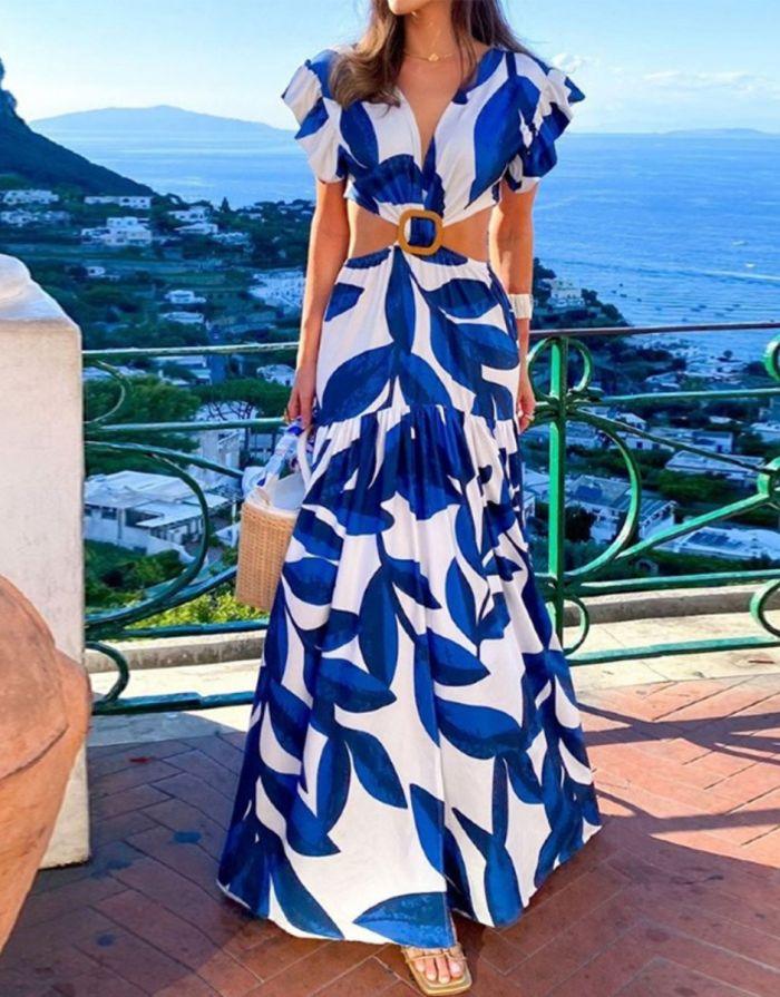 Vestido Azul Estampado Longo Recortes Vazados