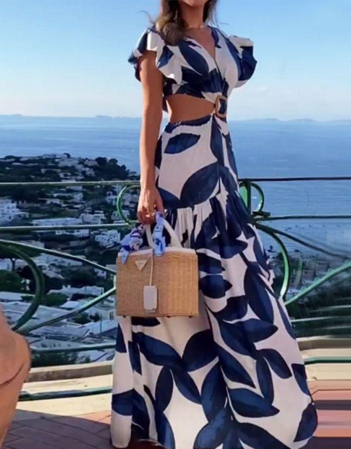 Vestido Azul Estampado Longo Recortes Vazados