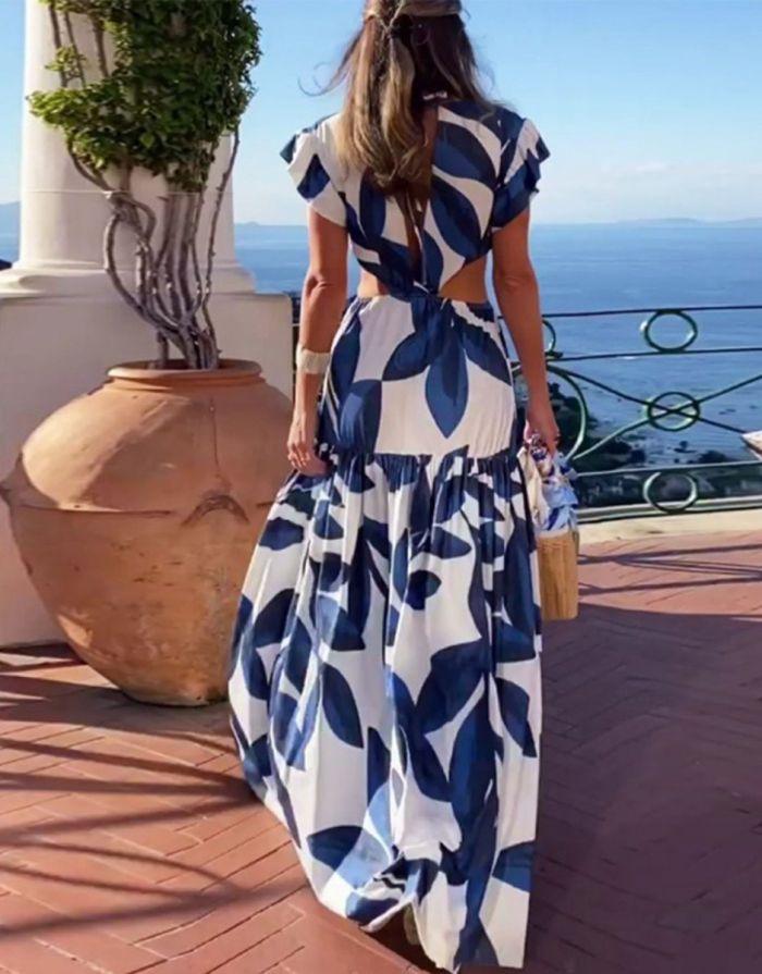 Vestido Azul Estampado Longo Recortes Vazados