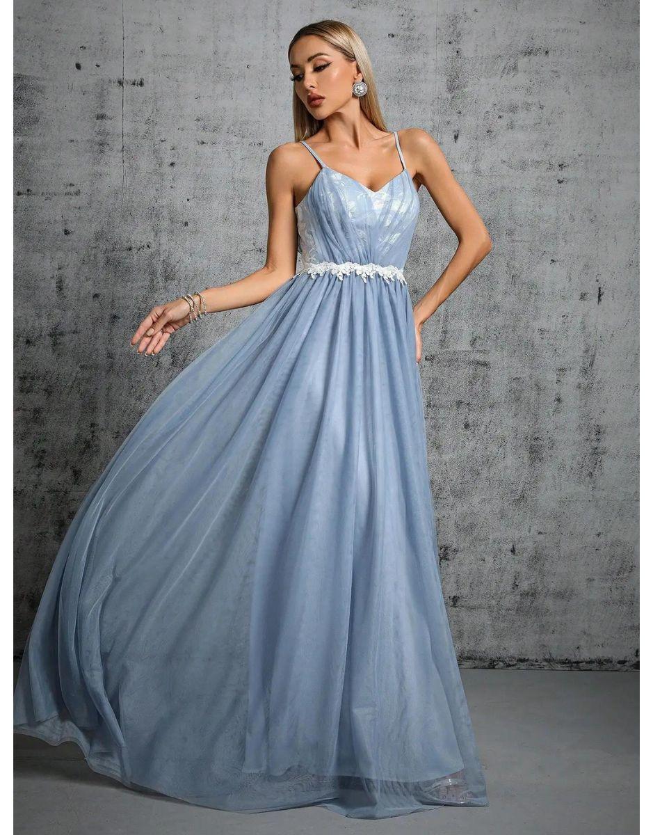 Vestido Azul Lago Longo Detalhe Cintura