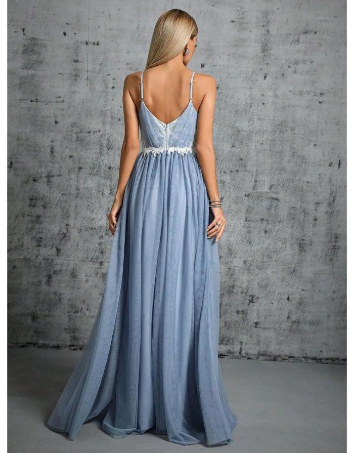 Vestido Azul Lago Longo Detalhe Cintura