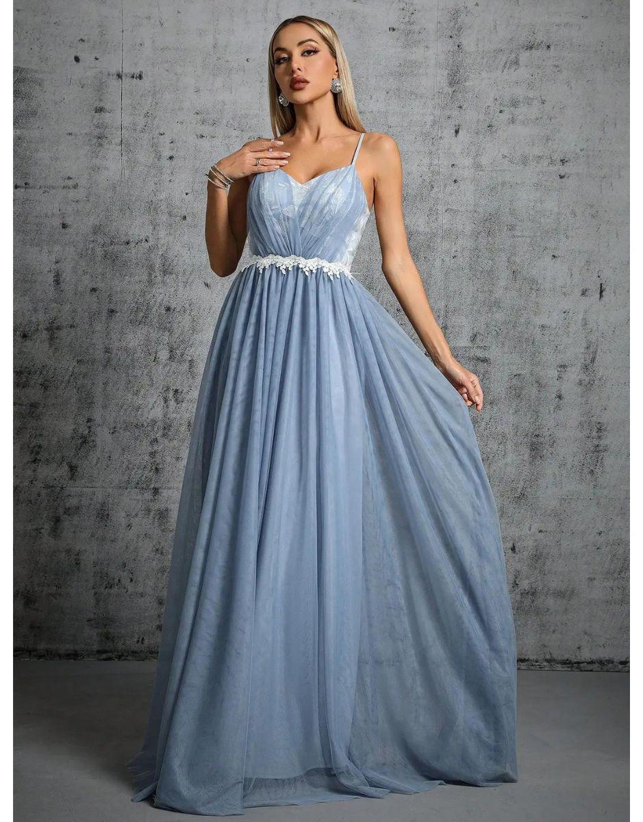 Vestido Azul Lago Longo Detalhe Cintura