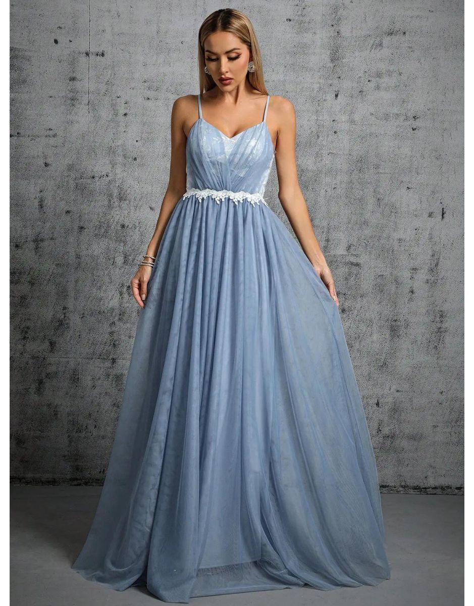 Vestido Azul Lago Longo Detalhe Cintura