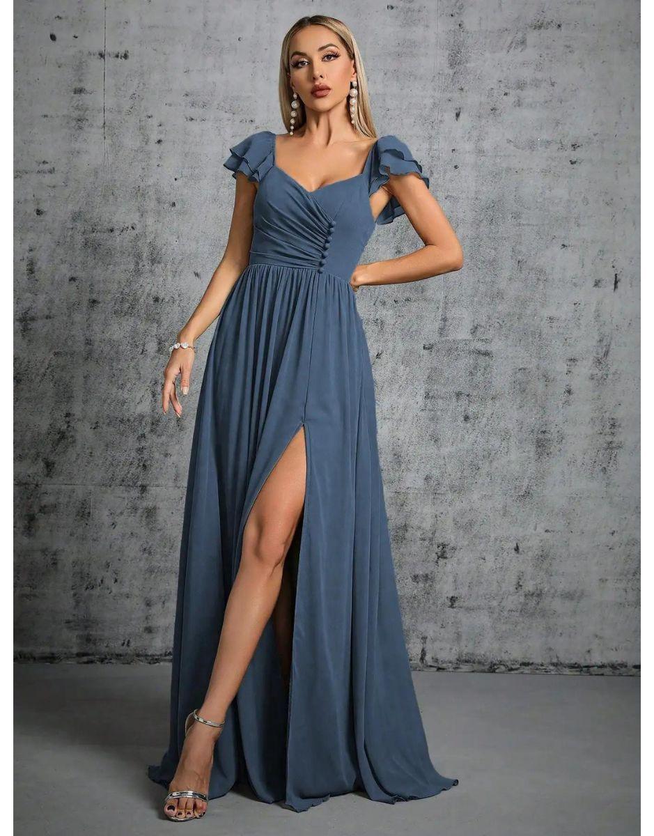 Vestido Azul Longo Com Gola Ferradura Mangas Babados