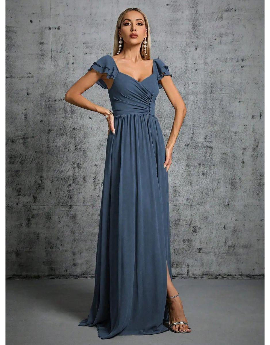 Vestido Azul Longo Com Gola Ferradura Mangas Babados