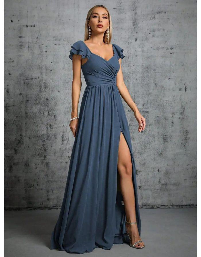 Vestido Azul Longo Com Gola Ferradura Mangas Babados